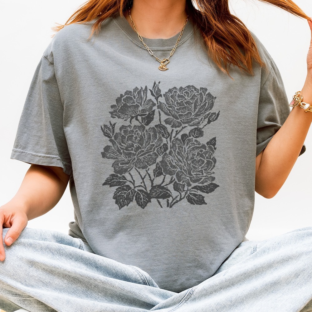 Red Flowers Botanical Graphic Tee Woodcut Style Nature Art